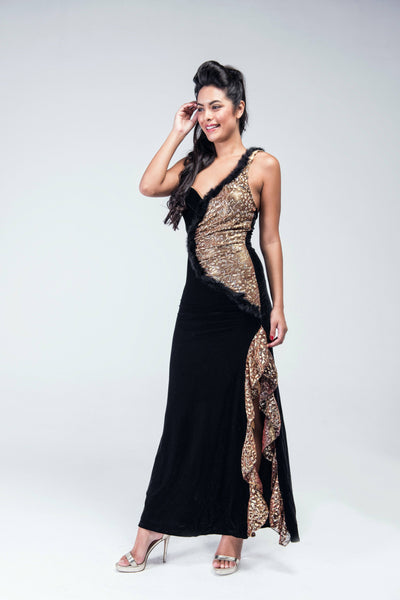 Old Glamour Fur & Shimmer Side slit Evening Gown - Women Dresses - yz-buyer.myshopify.com