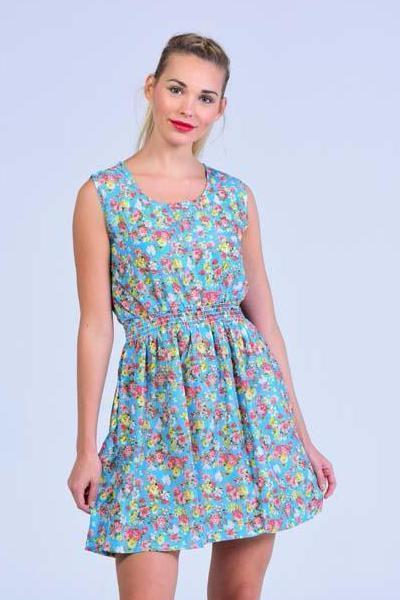 Sky Blue Retro Style Sleeveless English Blossoms Skater Dress - Women Dresses - yz-buyer.myshopify.com