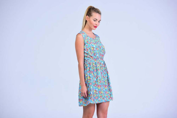 Sky Blue Retro Style Sleeveless English Blossoms Skater Dress - Women Dresses - yz-buyer.myshopify.com