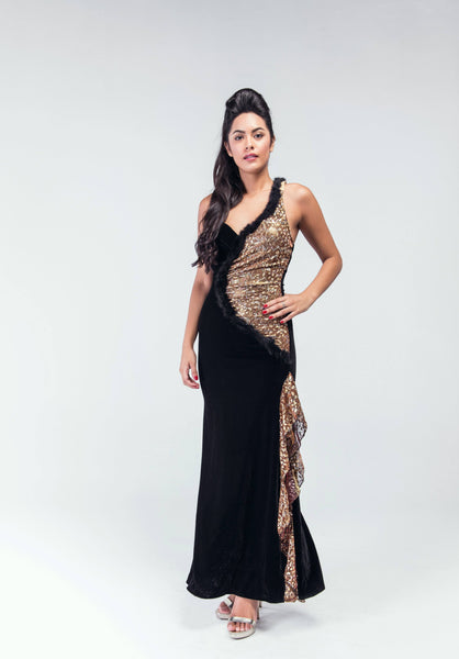 Old Glamour Fur & Shimmer Side slit Evening Gown - Women Dresses - yz-buyer.myshopify.com