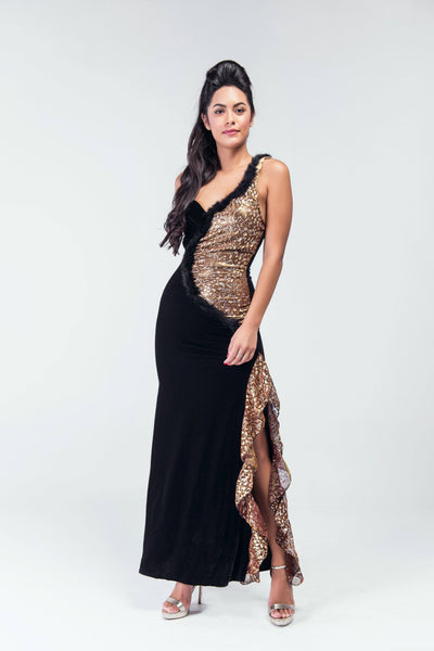 Old Glamour Fur & Shimmer Side slit Evening Gown - Women Dresses - yz-buyer.myshopify.com