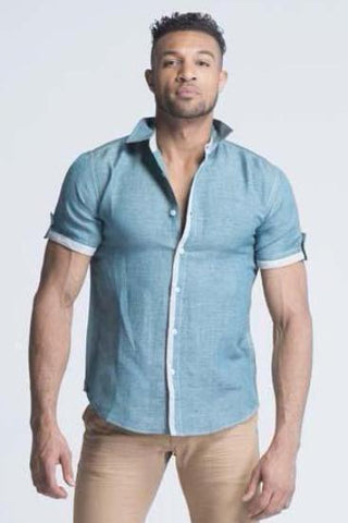 Top European Brand Slim-fit Half Sleeve Linen Shirt - Pine Green - Men Shirts - yz-buyer.myshopify.com