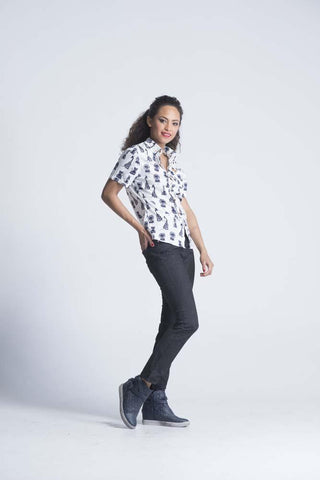 Short Sleeve animal print fitted shirt - Snow white - Women Shirts - yz-buyer.myshopify.com