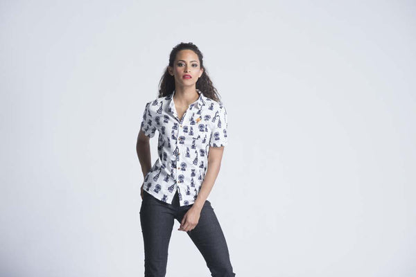 Short Sleeve animal print fitted shirt - Snow white - Women Shirts - yz-buyer.myshopify.com