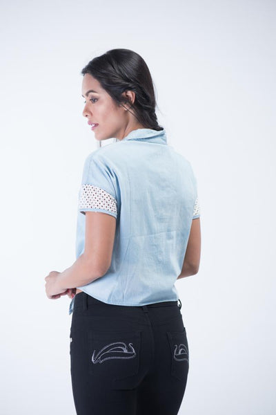 Short Crochet Capped sleeve Knotted-front Denim Shirt - Baby Blue - Women Shirts - yz-buyer.myshopify.com