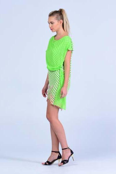 Lime green Checks with Floral Motifs Shift Dress - Women Dresses - yz-buyer.myshopify.com