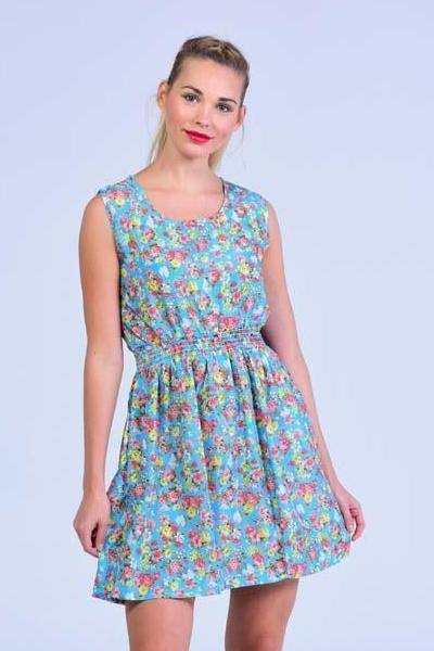 Sky Blue Retro Style Sleeveless English Blossoms  Skater Dress - Women Dresses - yz-buyer.myshopify.com