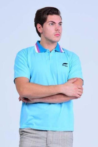 Yz-Guy Polo neck Sports T-Shirt - Arctic Blue with Tri-Color collar - Men T-Shirts - yz-buyer.myshopify.com