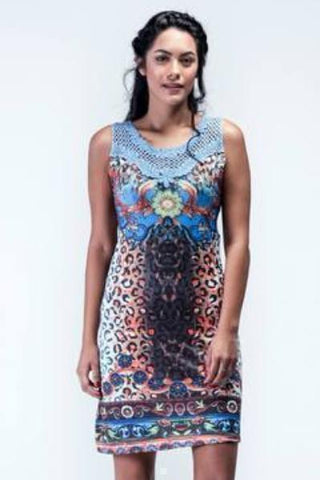 Sapphire Blue Crochet Neck Embellished Shift Dress - Women Dresses - yz-buyer.myshopify.com