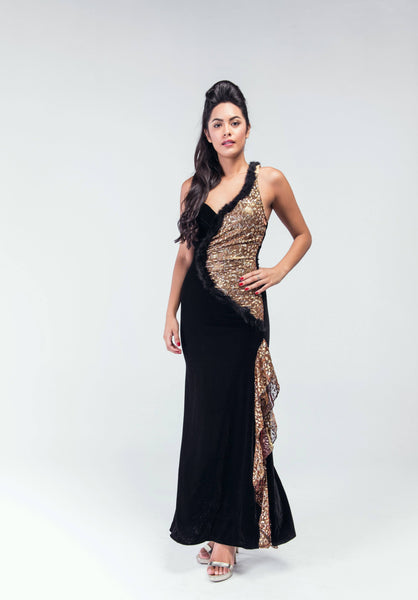 Old Glamour Fur & Shimmer  Side slit Evening Gown - Women Dresses - yz-buyer.myshopify.com