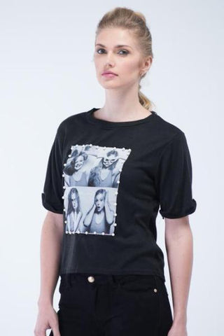 Short Sleeve Screen Printed T-Shirt - Black - Women T-Shirts - yz-buyer.myshopify.com